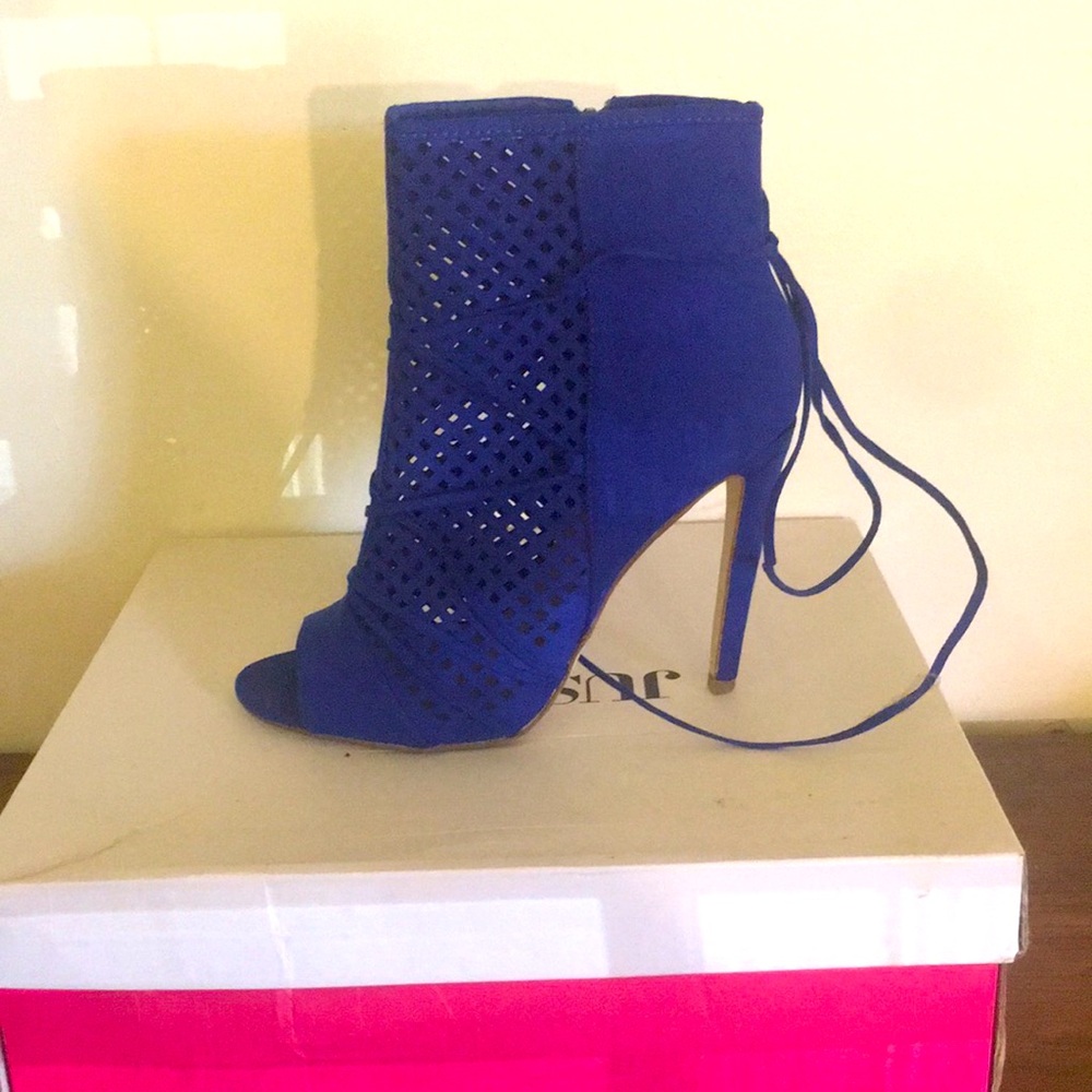 Blue Lace-Up Peep Toe Ankle Boots